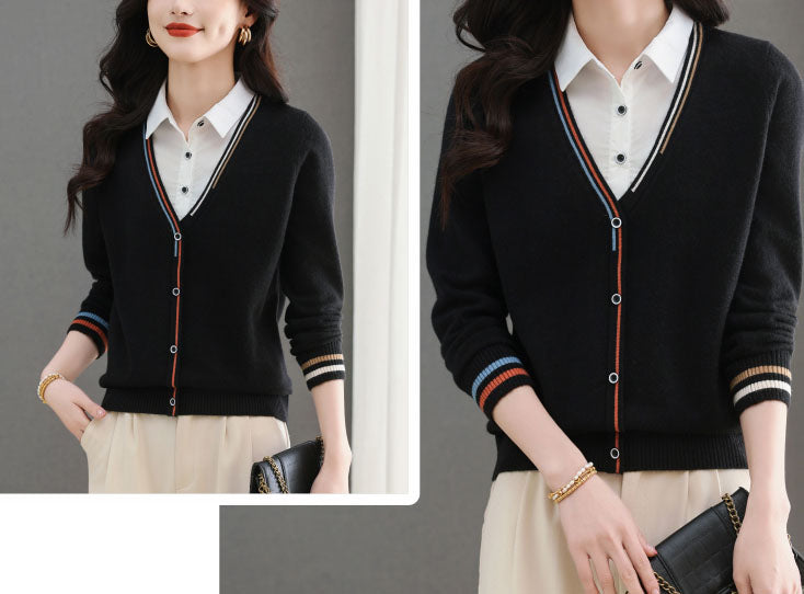 Women's V-Neck Collared Long Sleeve Shirt Striped  Blouse