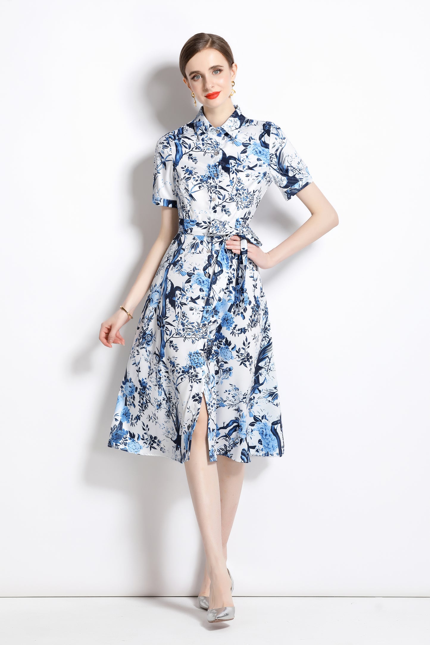FSY-Women's Short Sleeve Floral Print Button Midi Dress