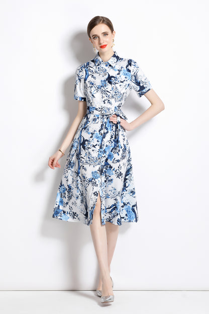 FSY-Women's Short Sleeve Floral Print Button Midi Dress