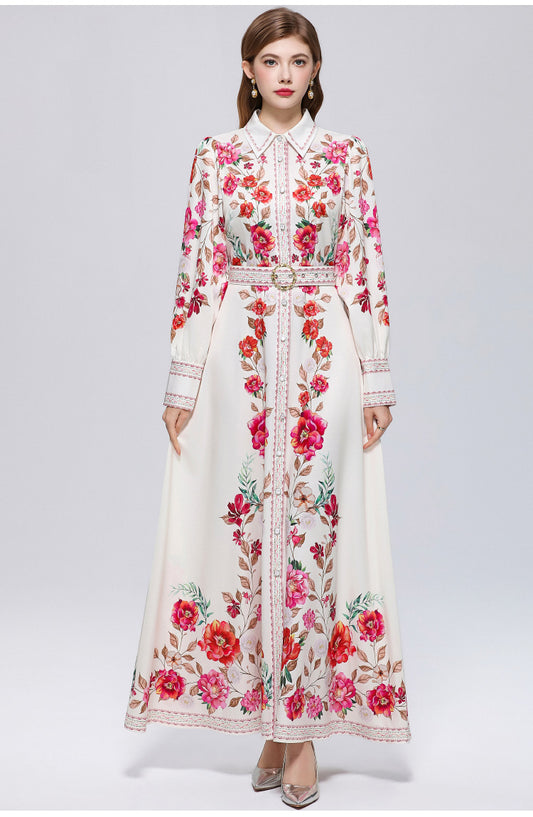 Women's Floral Print Button Maxi Dress With Belts
