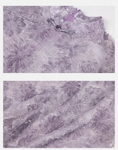 Women's Short Sleeve Button Print Qipao Satin Blouse