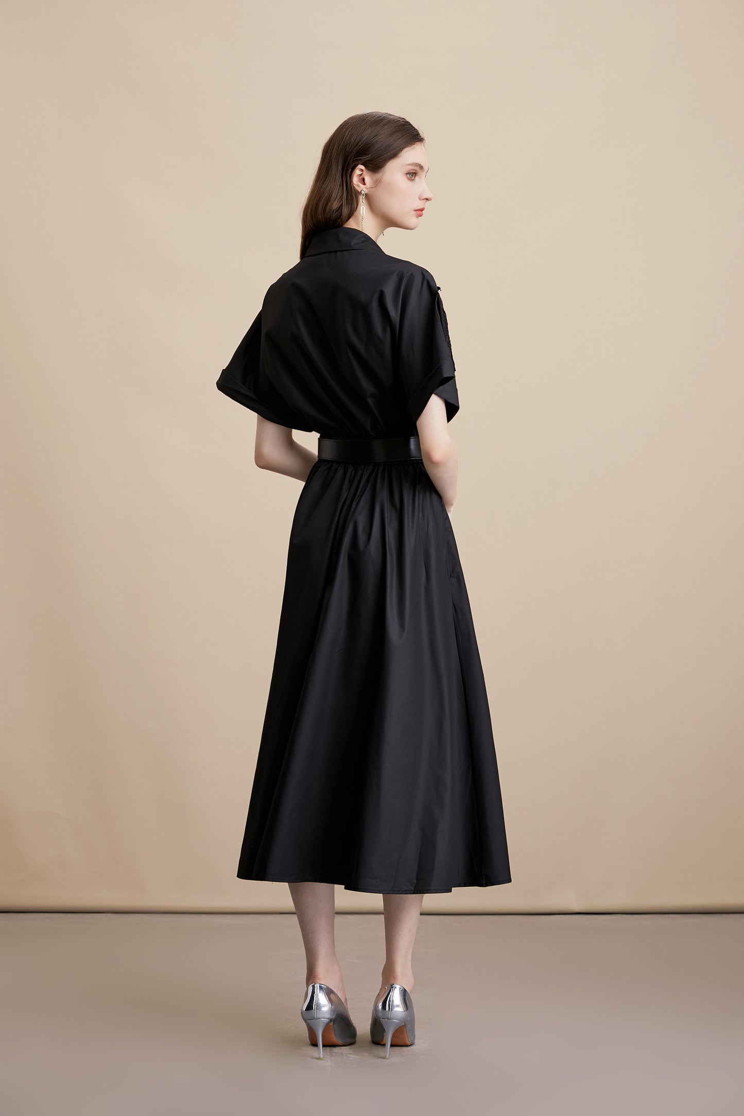 Women's Lace Collar Short Sleeves Pocket Midi Dress