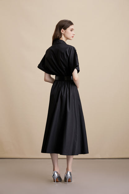 Women's Lace Collar Short Sleeves Pocket Midi Dress