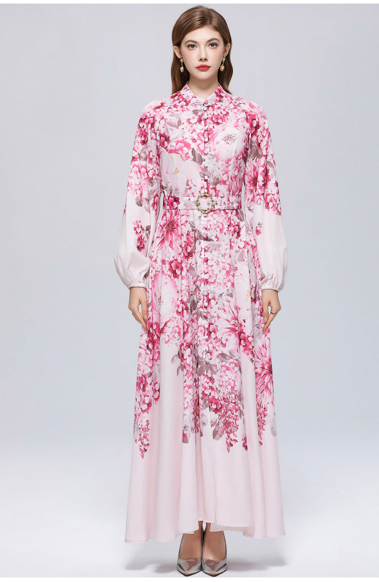 Women's Lantern Sleeve Floral Print Button Maxi Dress With Belts