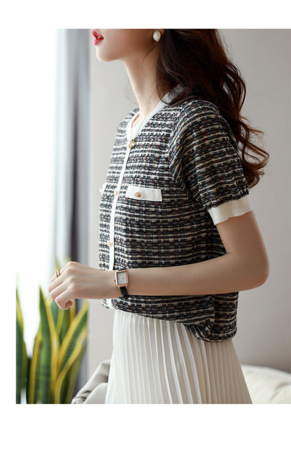 Chic Short-Sleeve Tweed Knit Top Short Sleeve Effortless Shirt