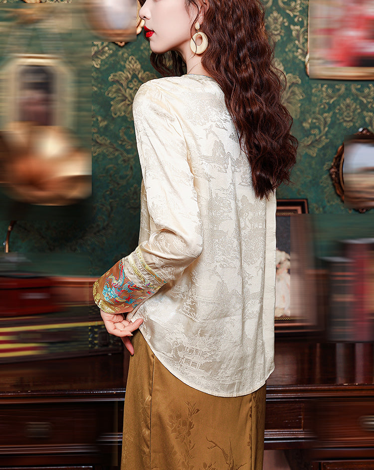 Elegant New Chinese Round Neck Satin Blouse with Embroidered Cuffs