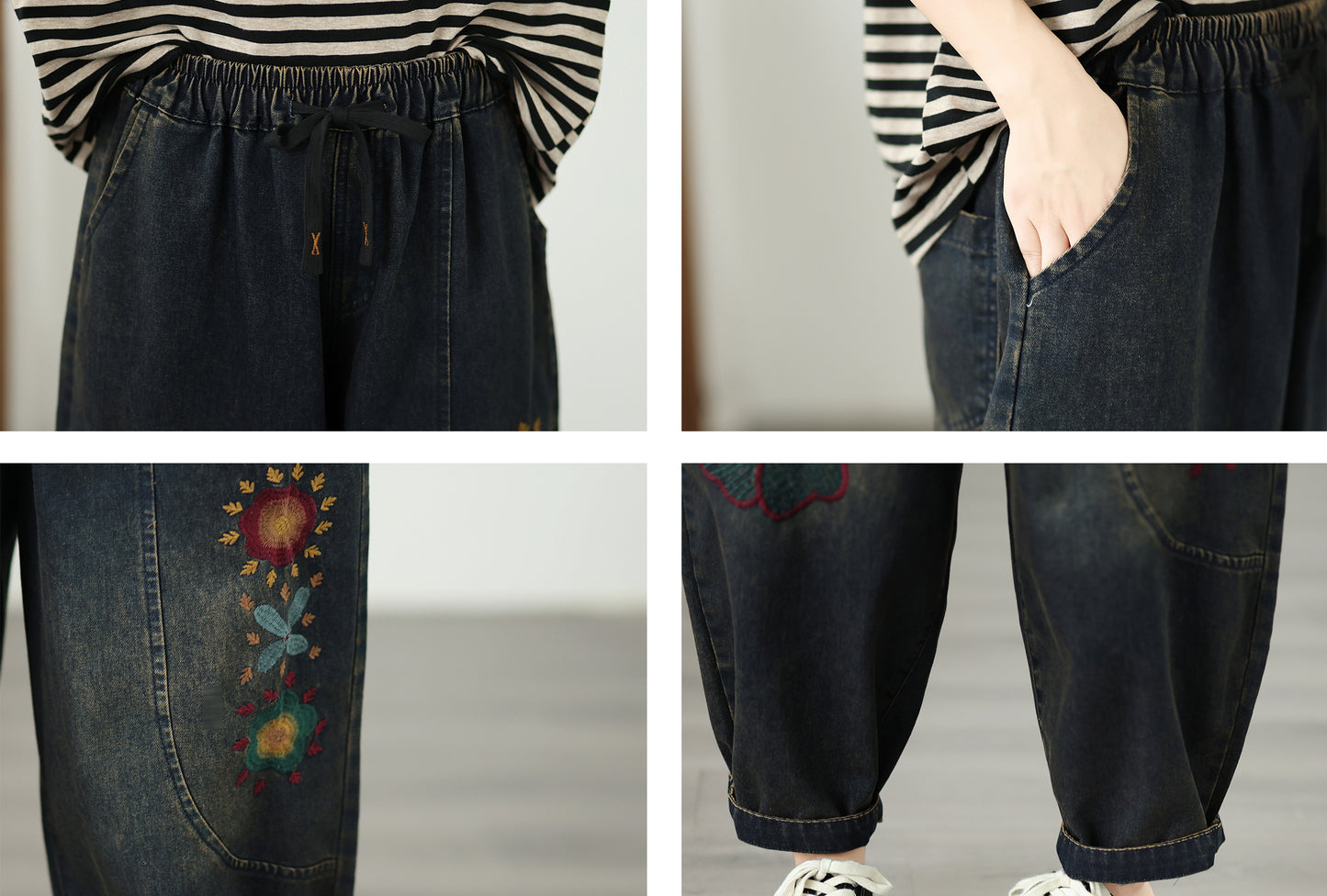 Boho Loose Fit Embroidered Baggy Jeans with Floral Details