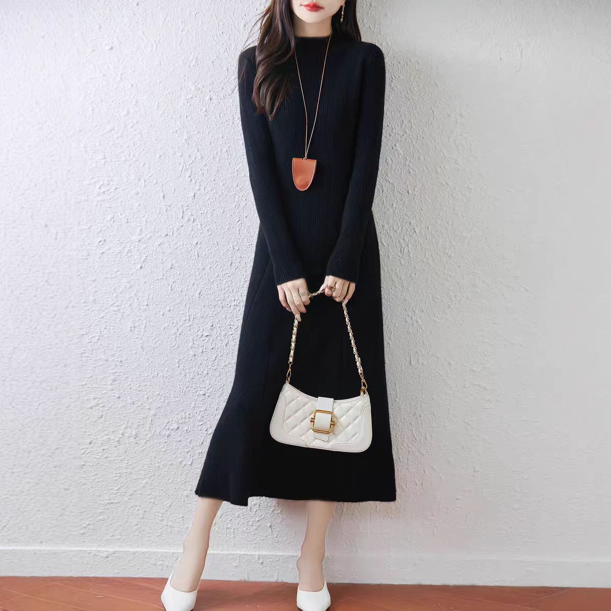Women's Mock Neck Sweater Ribbed Knit Maxi Dress