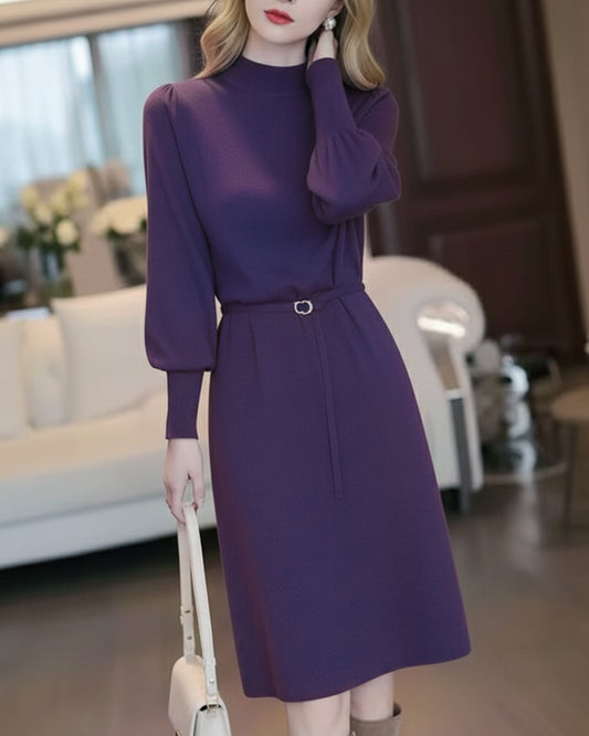 Elegant Mock Neck Knit Midi Dress: Lantern Sleeves & Belted Waist