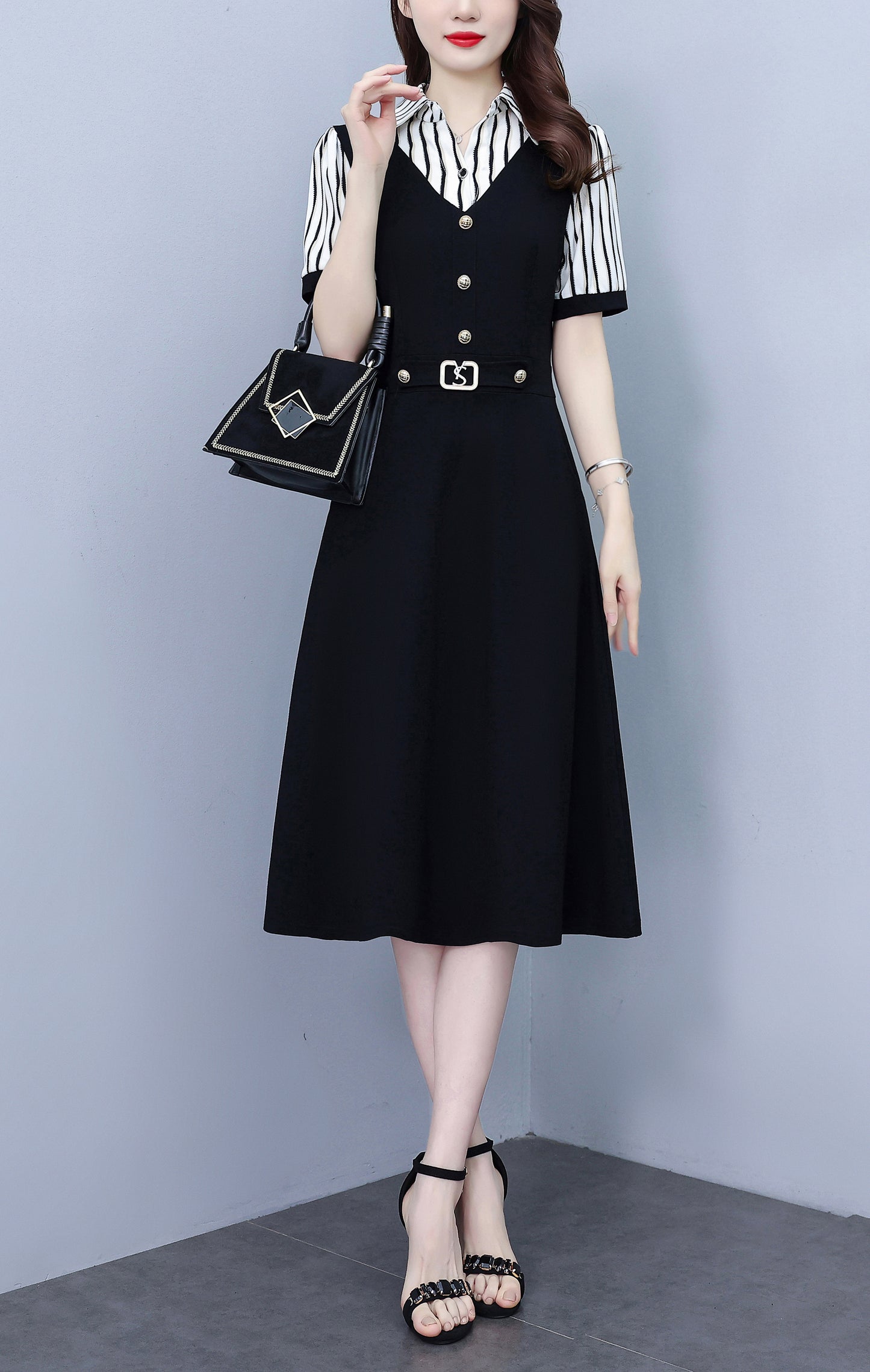 Women's Lapel V-Neck Pocket Short Sleeve Midi Dress - LAI MENG FIVE CATS