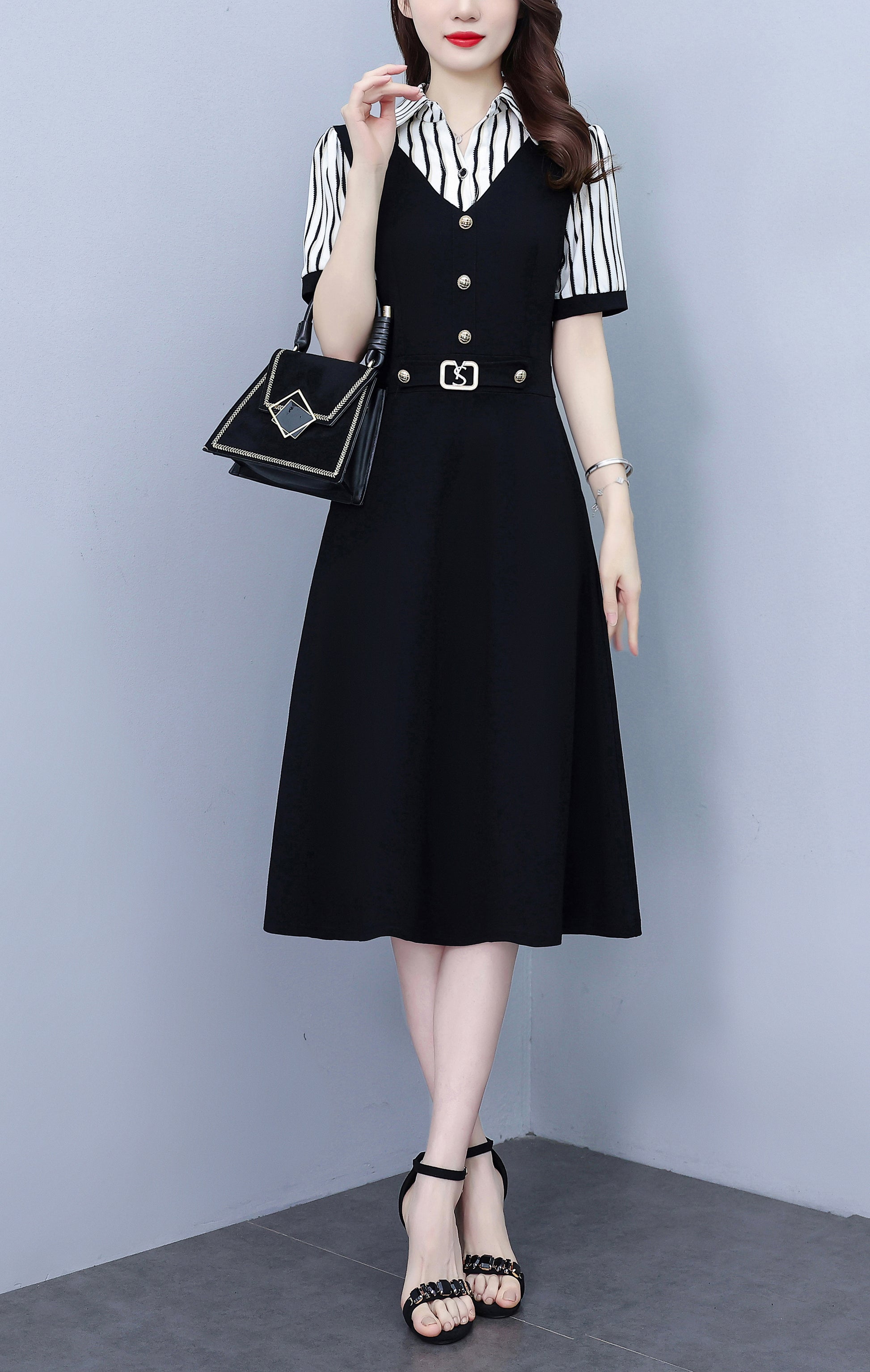 Women's Lapel V-Neck Pocket Short Sleeve Midi Dress - LAI MENG FIVE CATS