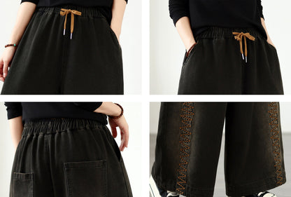 Vintage Washed Wide-Leg Jeans with Boho Embroidery