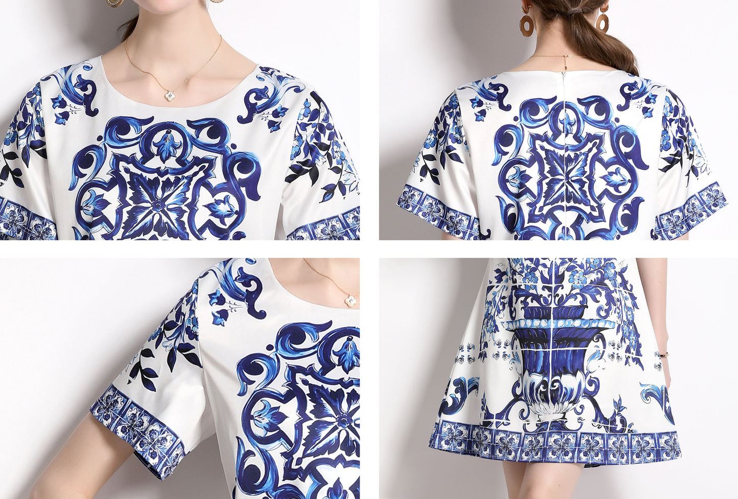 Women's Blue and White Porcelain Print Short Sleeve Casual Mini Dress