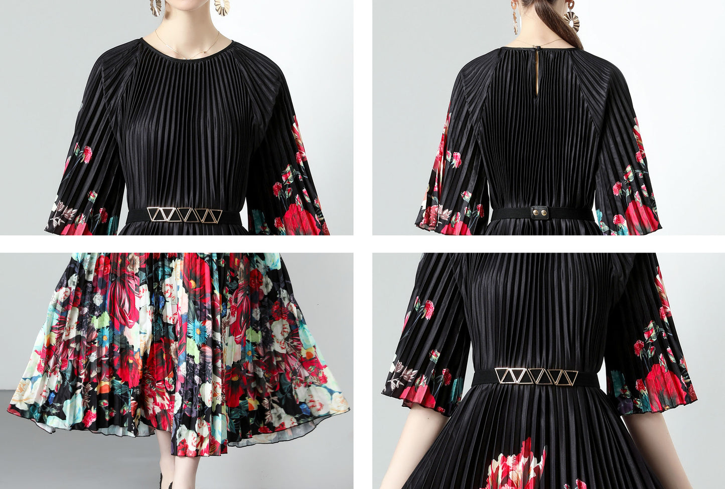 Black Elegant Pleated Round Neck 1/2 Sleeves Print Casual Maxi Dress