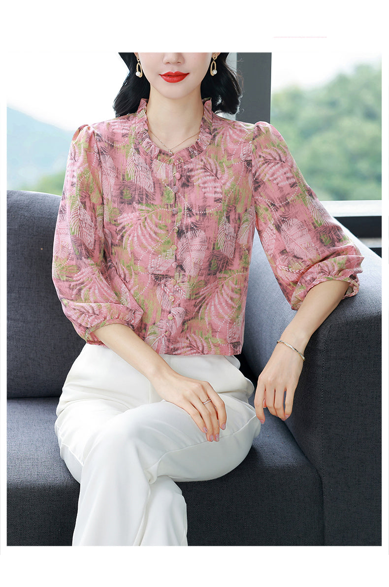 Women's Floral Print Ruffle Button Loose Blouses Top