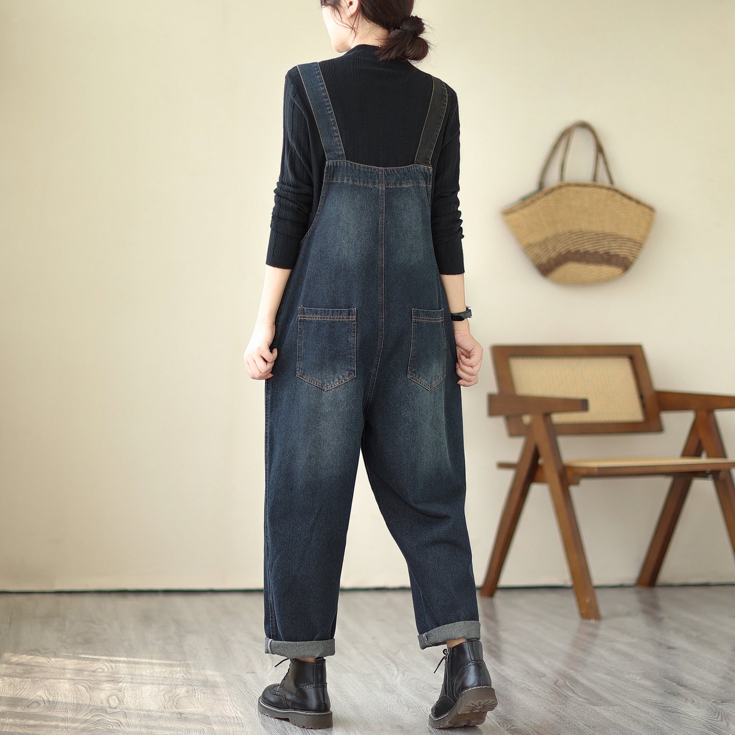 Stretchy Loose Bib Overalls with Pockets