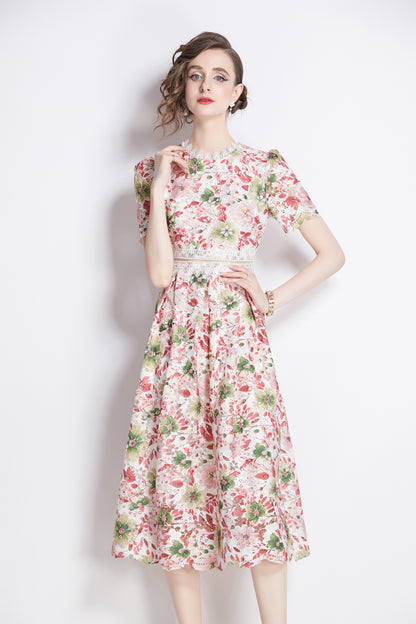 Women's Lace Floral Crochet Waist Midi Dress