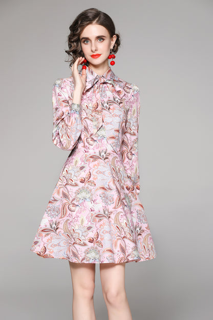 SSY-Women's Long Sleeve Lapel Collar Floral Mini Dress