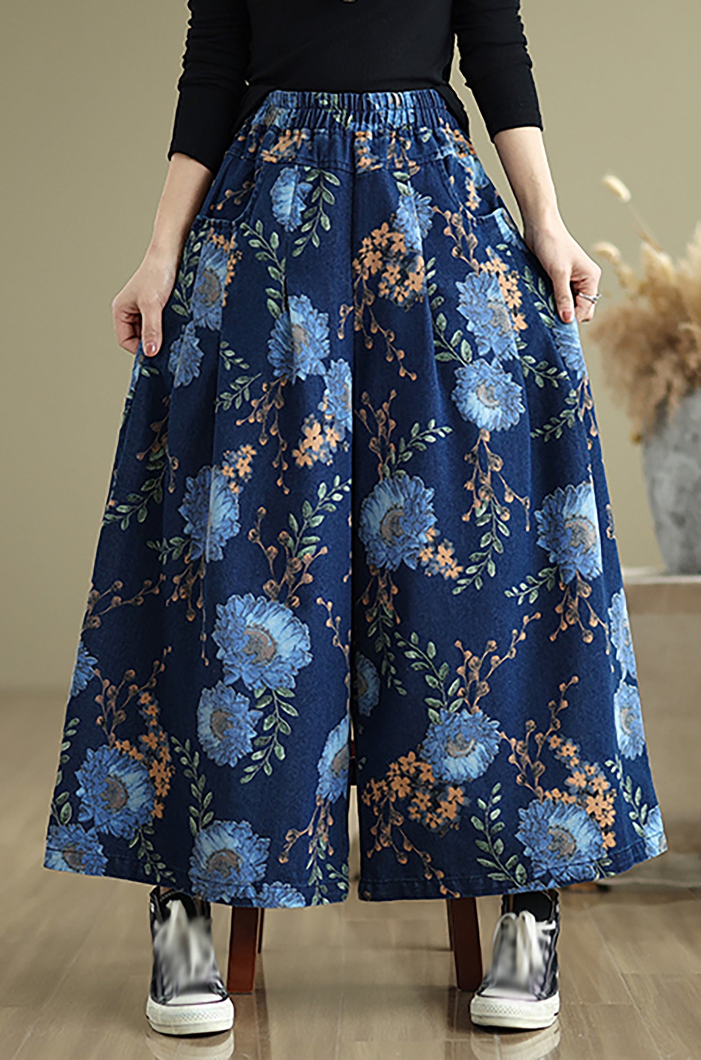 Women's Loose Elastic Waist Wide Leg Denim Pants