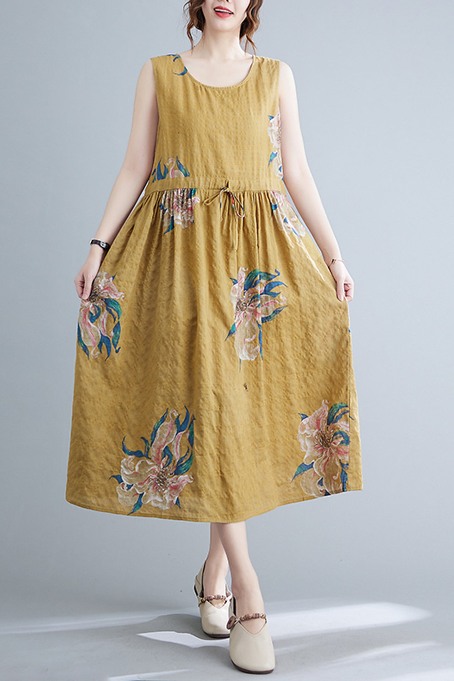 Yellow Floral Print Loose Strappy Dress with Pocket