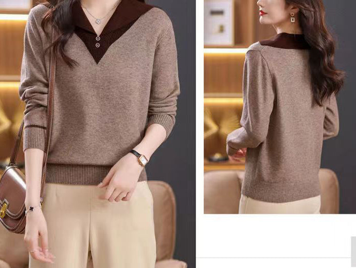 Chic Contrast Collar Knit Sweater - Elegant V-Neck Pullover