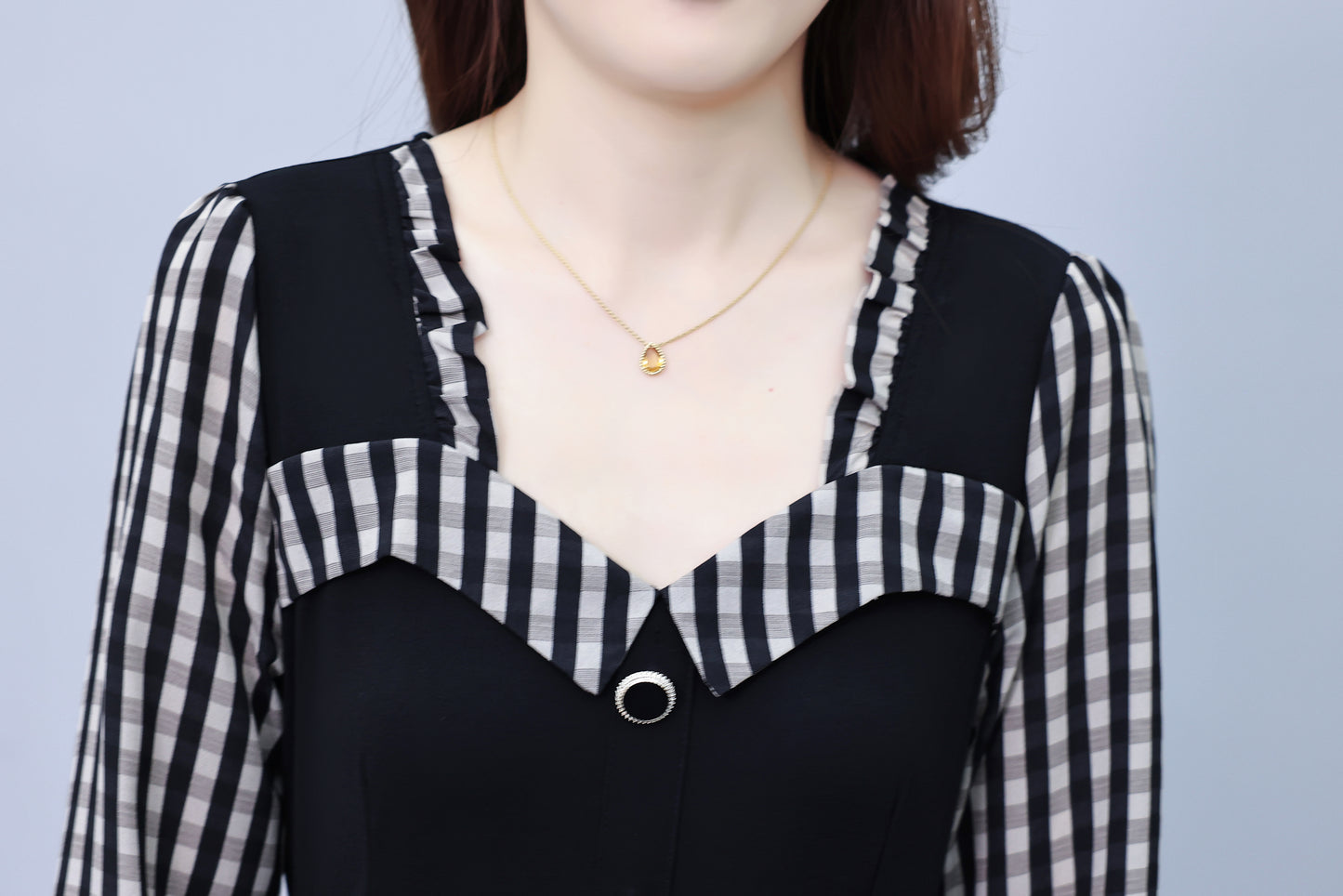 Women's Square Collar Long Sleeve Black Dress with Pocket - LAI MENG FIVE CATS