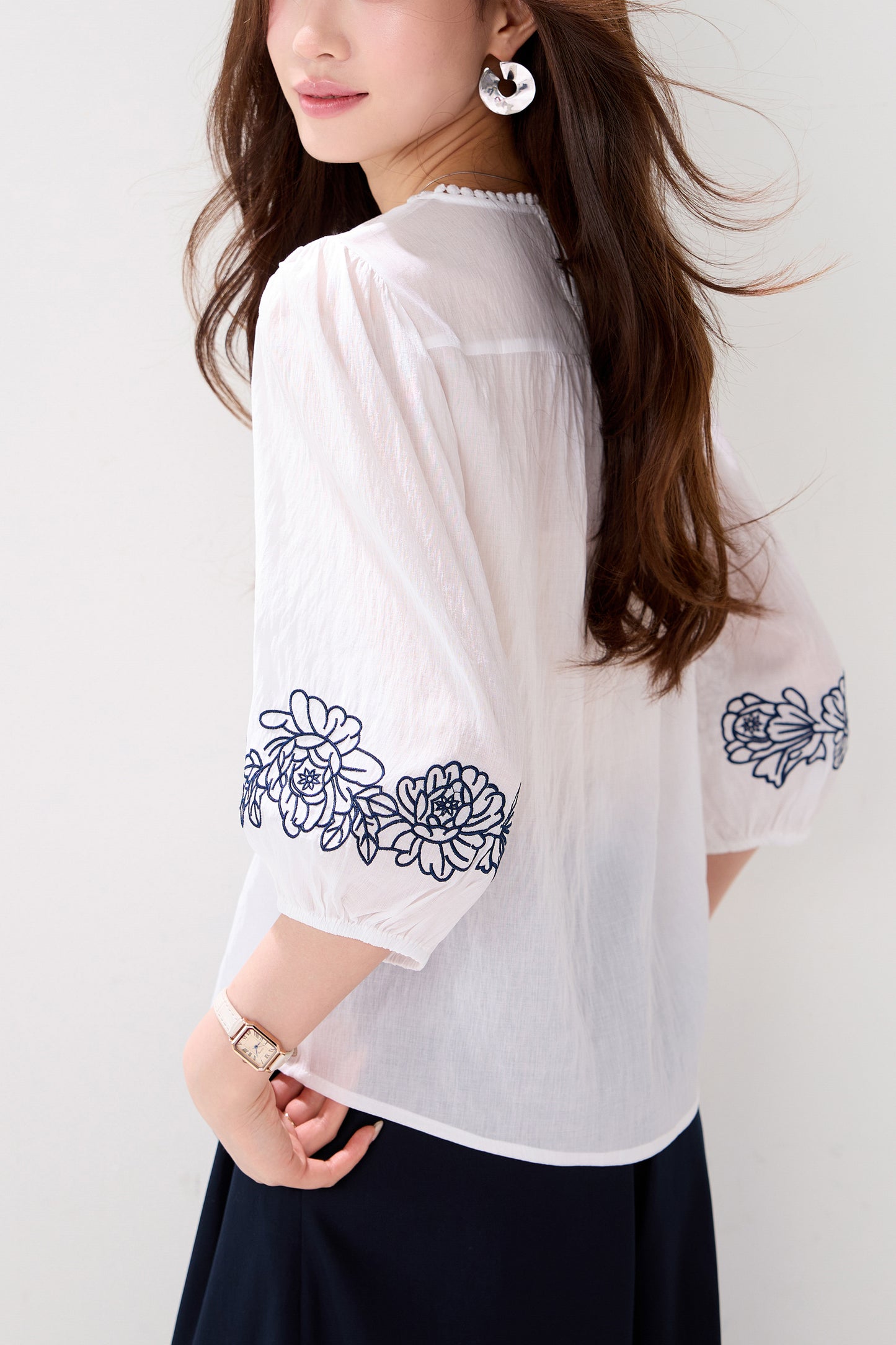 Casual Chic Boho Floral Embroidered 3/4 Sleeve Summer Blouse