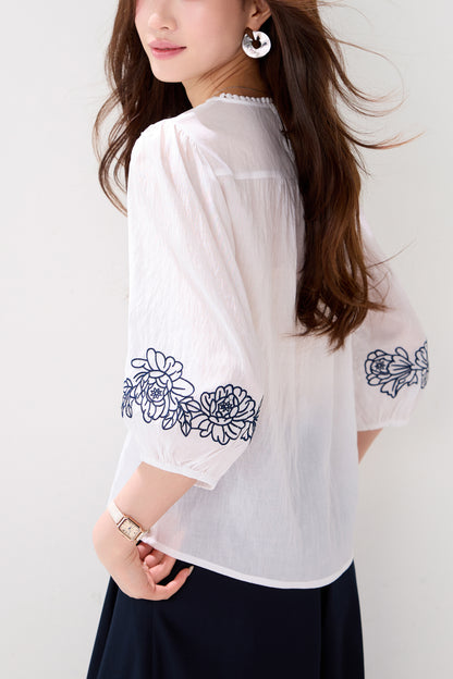Casual Chic Boho Floral Embroidered 3/4 Sleeve Summer Blouse