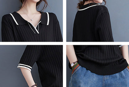Contrast Trim Knitted Polo Neck Tee