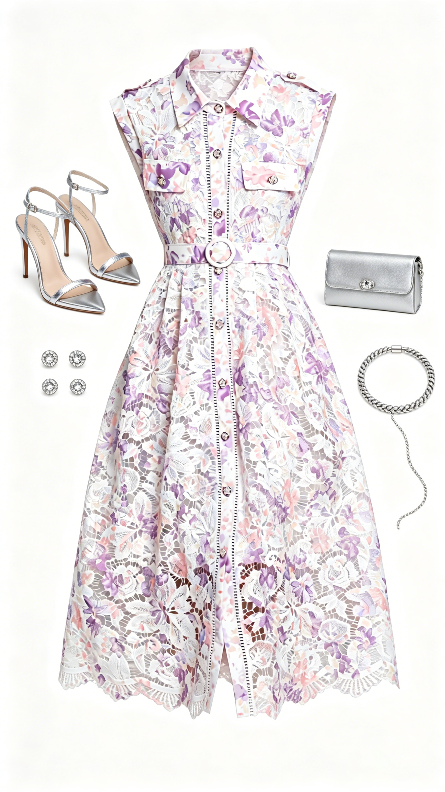 Lavender Floral Lace Midi Dress with Belt – Romantic Date Night Dress
