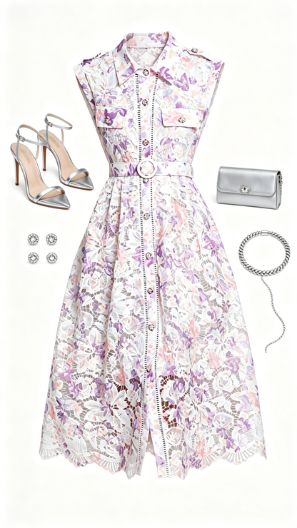 Lavender Floral Lace Midi Dress with Belt – Romantic Date Night Dress