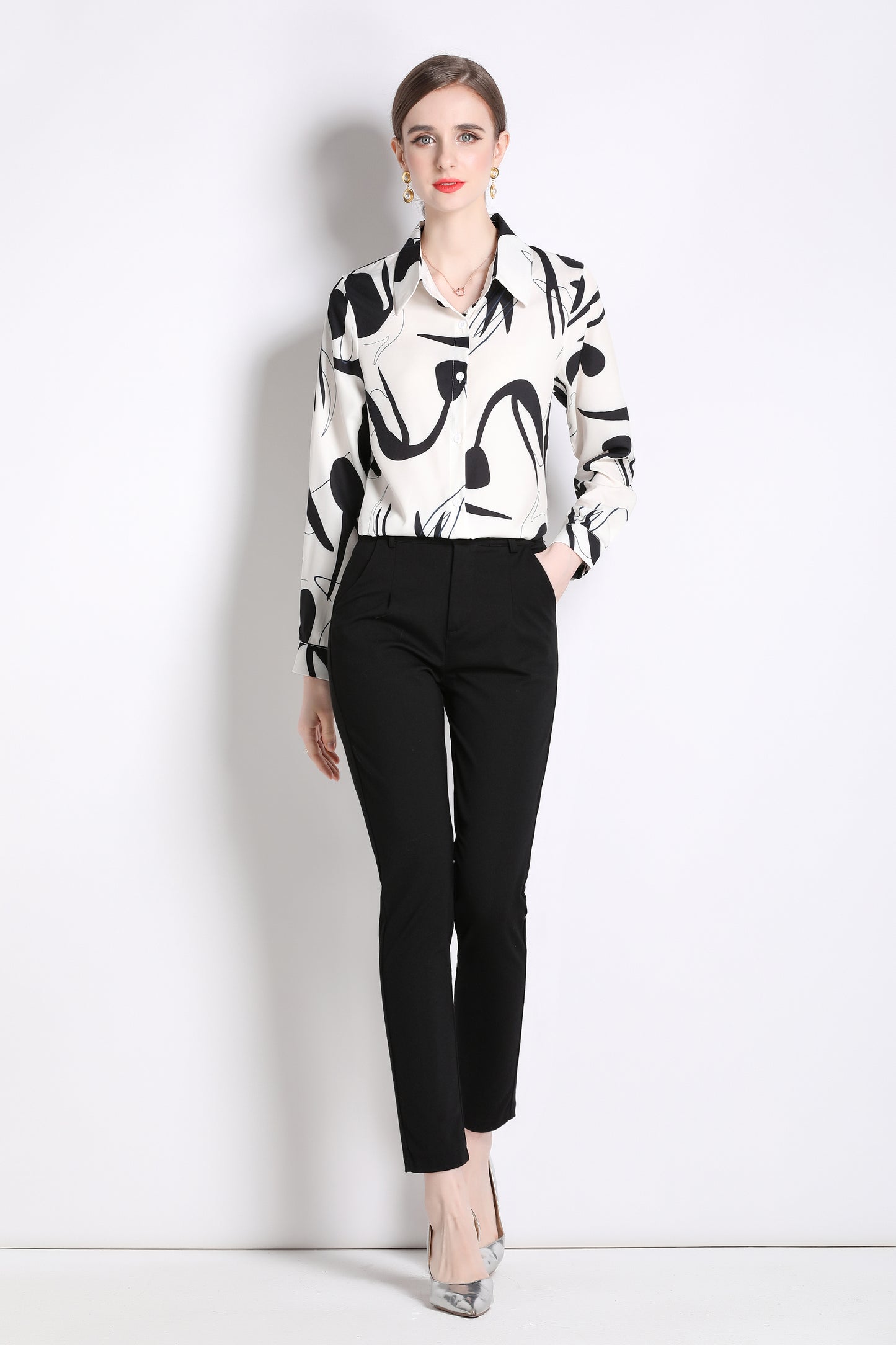 ESY-Women's Long Sleeve Lapel Collar Print Button Blouse