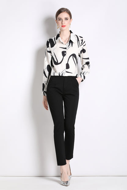 ESY-Women's Long Sleeve Lapel Collar Print Button Blouse