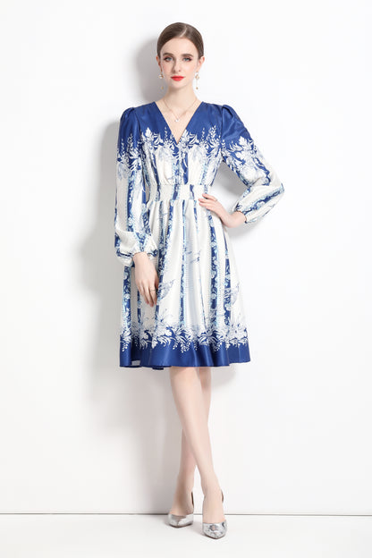 SSY-Women's Floral Print V-Neck Long Sleve Mini Dress