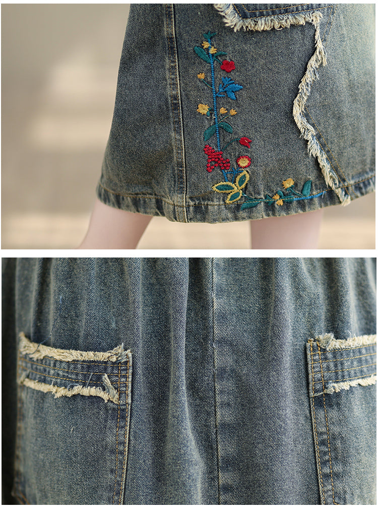 Women's Denim Drawstring Waist Pockets Jean Skirt