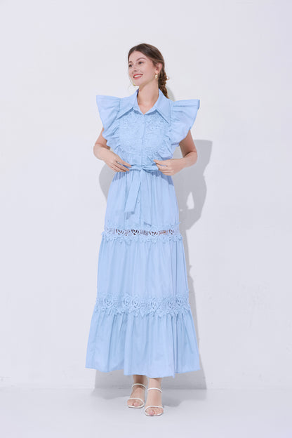 Women's Sleeveless Ruffles Lace Button  Mixi Dress