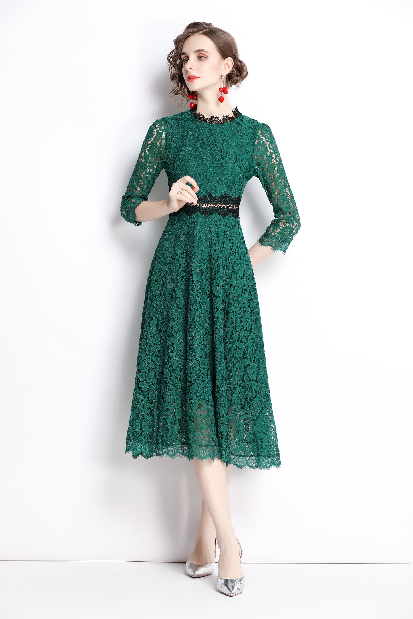 SSY-Women's 3/4 Sleeve Floral Lace Cocktail Midi Dress