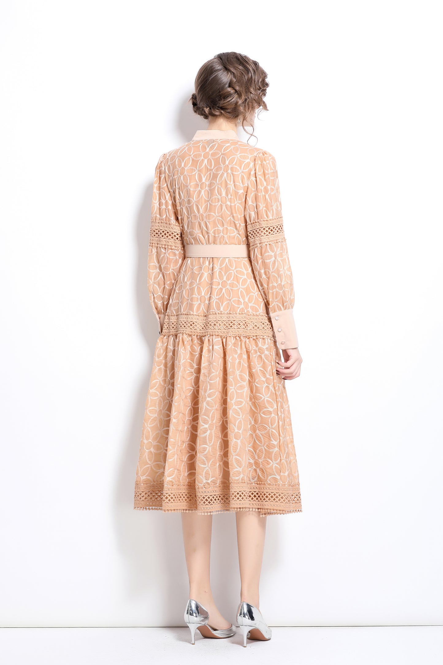 Lantern Sleeves Embroidery Button Midi Dress