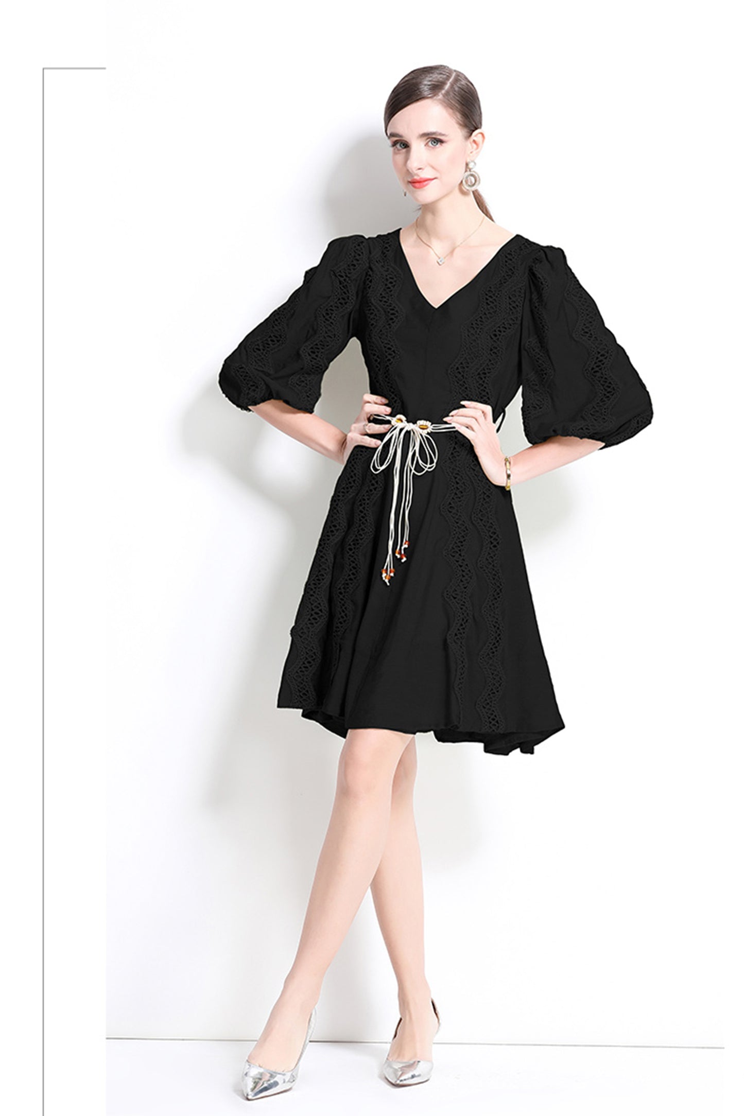 Women's Puff Sleeves V-Neck Hollow Embroidery Mini Dress