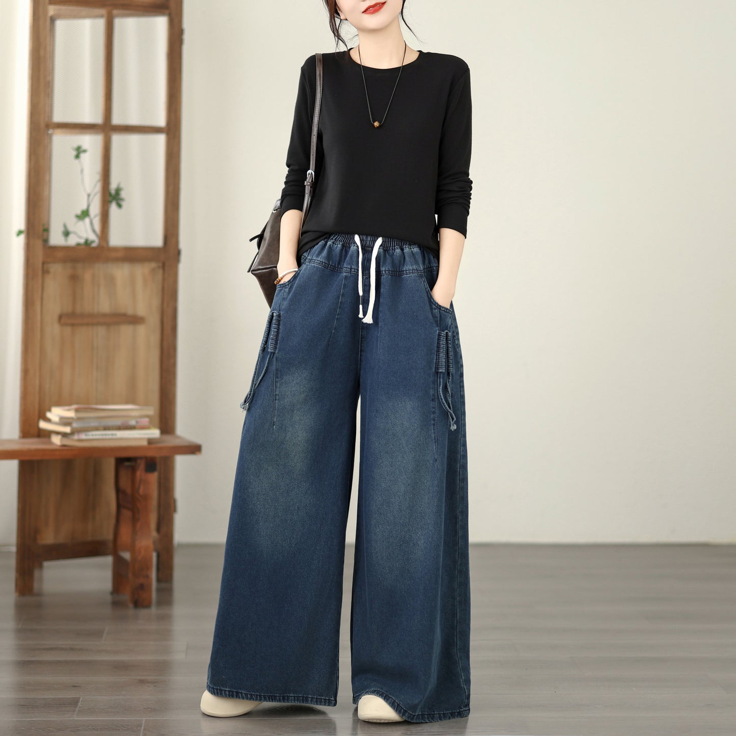 Jeans for Women Wide Leg Pull On Elastic Waist Denim - LAI MENG FIVE CATS