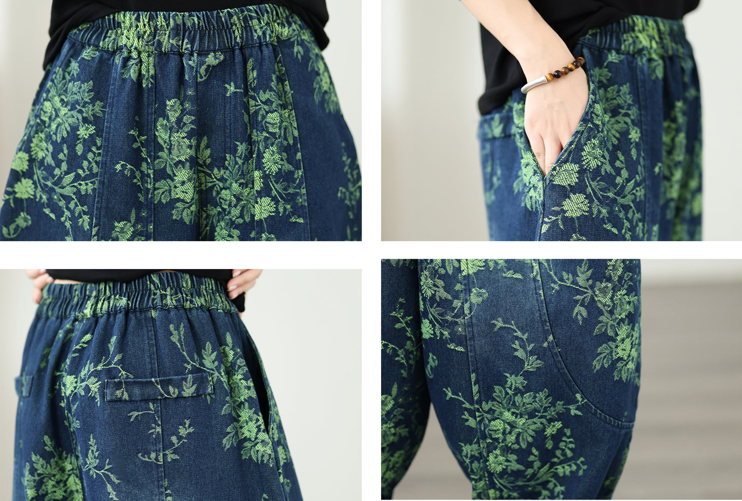 Vintage Print Denim Jeans for Women - High-Waisted, Loose-Fit Harem Pants