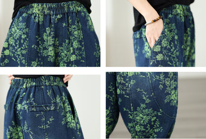 Vintage Print Denim Jeans for Women - High-Waisted, Loose-Fit Harem Pants