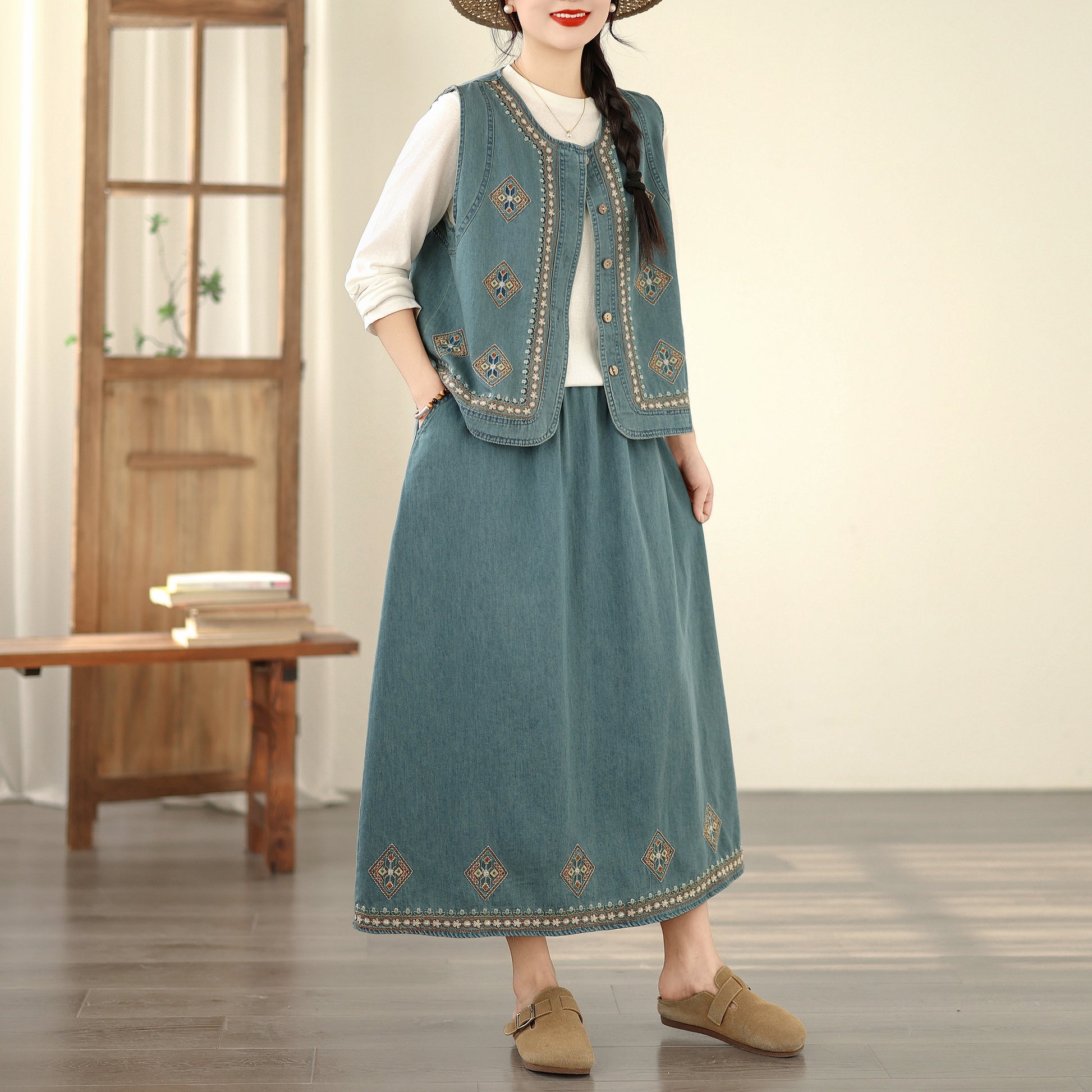 Women's Embroidered Elastic Waist Denim Jean Maxi Skirt Pocket - LAI MENG FIVE CATS