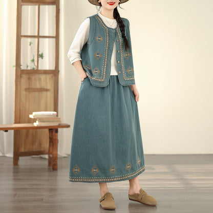 Women's Embroidered Elastic Waist Denim Jean Maxi Skirt Pocket - LAI MENG FIVE CATS