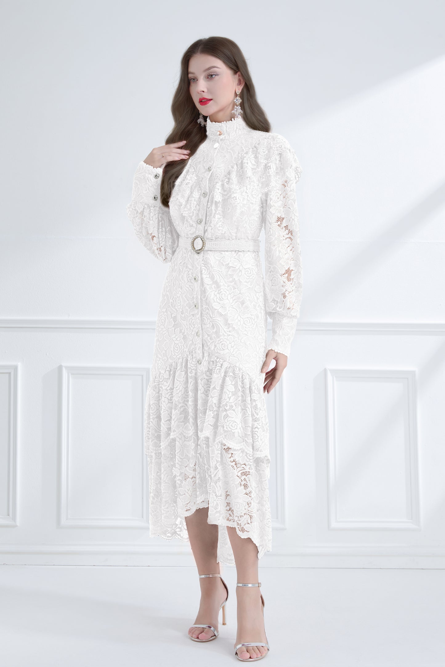 Women's Lace High Neck Ruffles Fishtail Maxi Dress