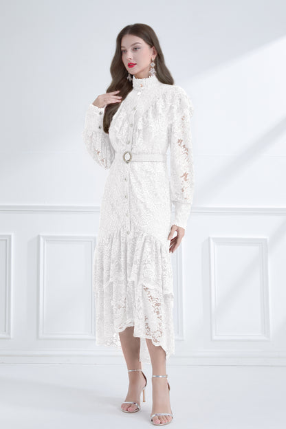 Women's Lace High Neck Ruffles Fishtail Maxi Dress