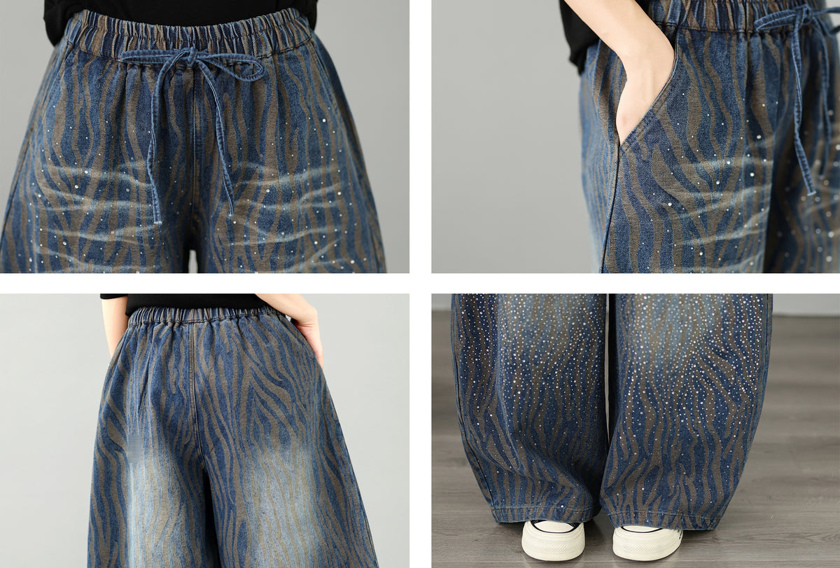 28678-Vintage Wavy Stripe Denim Wide-Leg Pants with Drawstring Waist