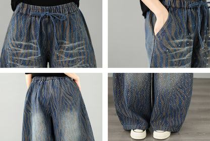 28678-Vintage Wavy Stripe Denim Wide-Leg Pants with Drawstring Waist