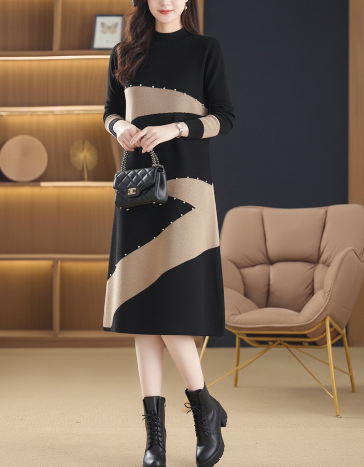 Women's Long Sleeve Sweater Knit Color Block Dress