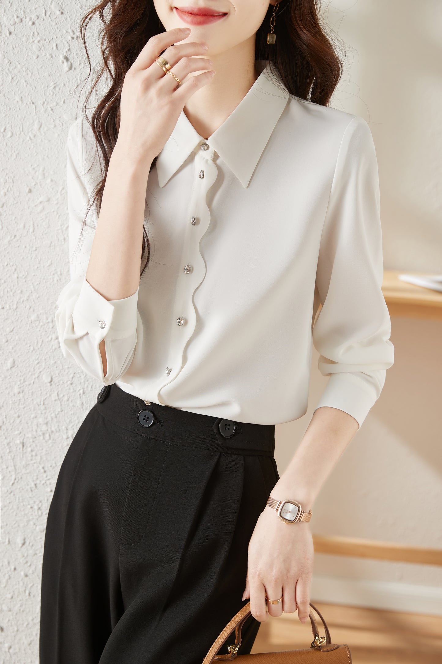 Women's V Neck Lantern Sleeve Blouse Button Tops